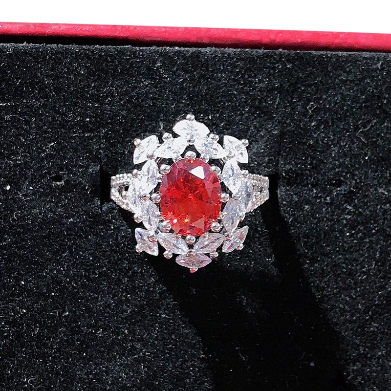 Fancyqube Cincin Silver Bentuk Kepingan Salju Oval Hias Cubic Zirconia Aaa Merah Untuk Wanita