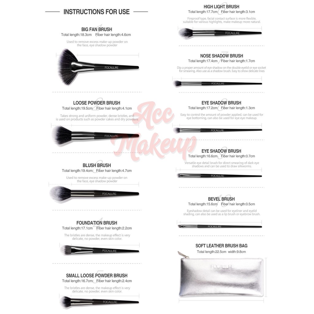 [ Official Distributor ] Focallure 10 Pcs Eyeshadow Blending Makeup Brush / Kuas Set + Pouch #149