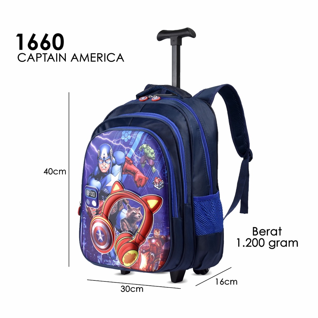 Tas Sekolah Trolly 1660 Tas Cartoon Cewek dan Cowok Tas Roda Motif (Captain America,Frozen,Spiderman Dan Unicorn)