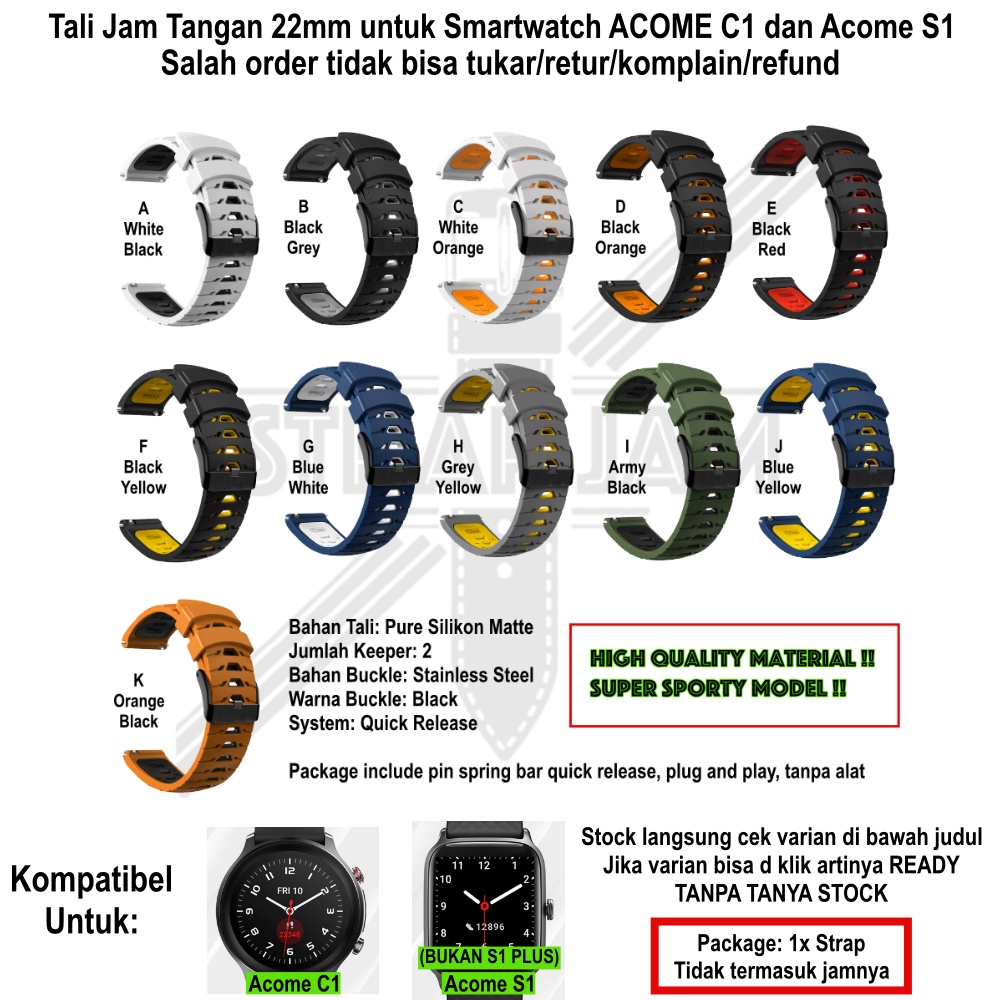 GTO Tali Jam Tangan Acome C1 (Bulat) / S1 (Kotak) - Strap 22mm Rubber Silikon Sporty Olahraga