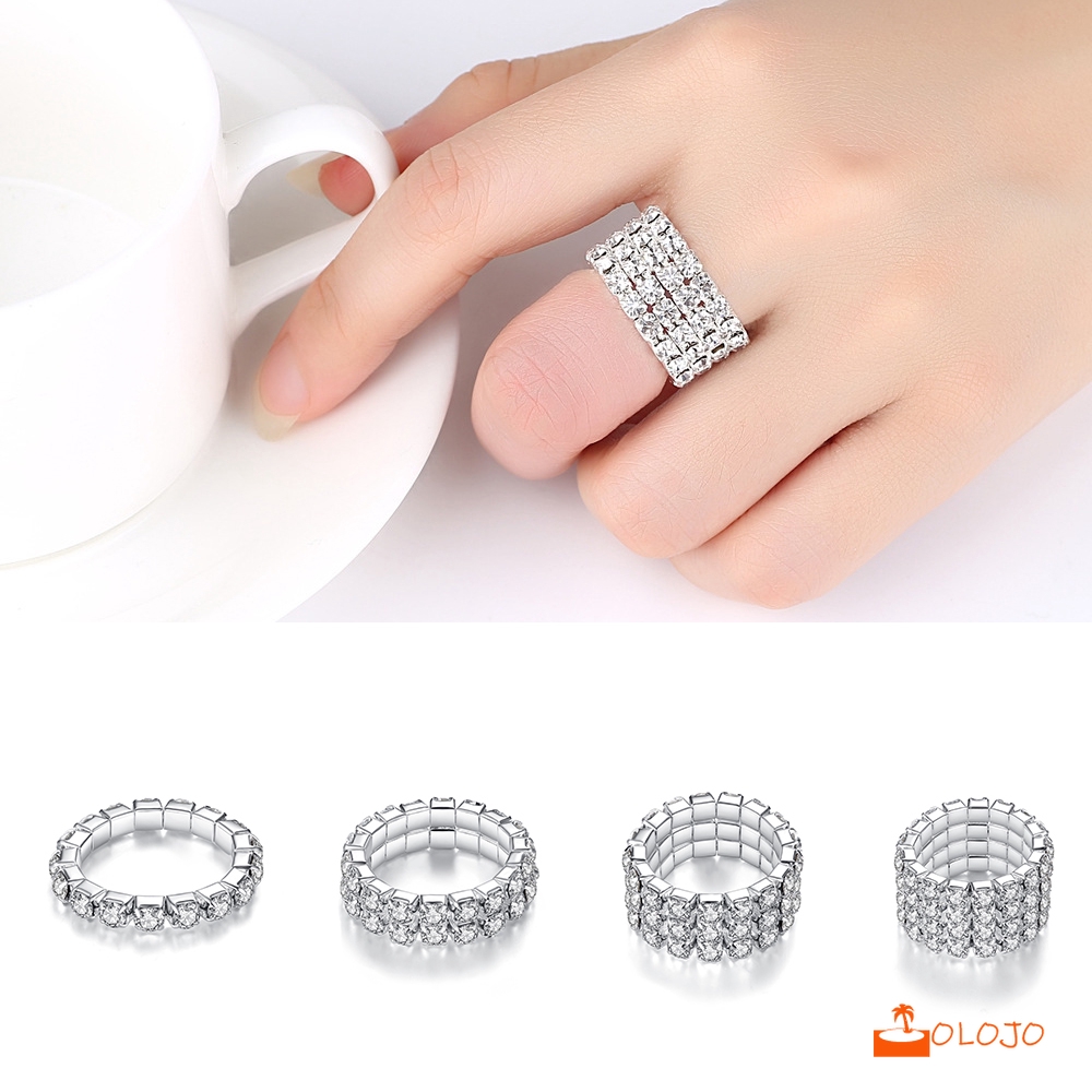 OLOJO  Korea Warna Silver Elastis Zirkon Satu Baris Beberapa Baris Cincin Rhinestones Cincin Elastis