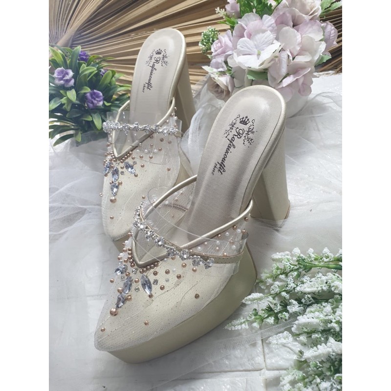 sepatu cantik gold tali asesoris tengah 12cm tahu