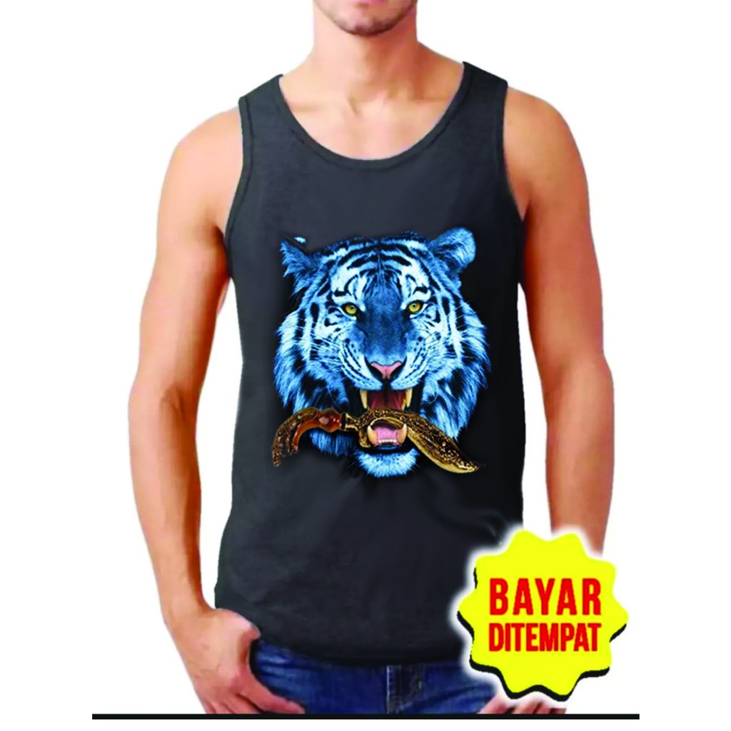 ASY SINGLET PRIA KAOS SINGLET SABLON BERKUALITAS GAMBAR HARIMAU BIRU