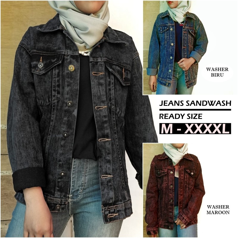 Jaket Jeans Cewek Oversize Wanita JUMBO Sandwash Denim Jaket Tebal Murah Size M-XXXXL