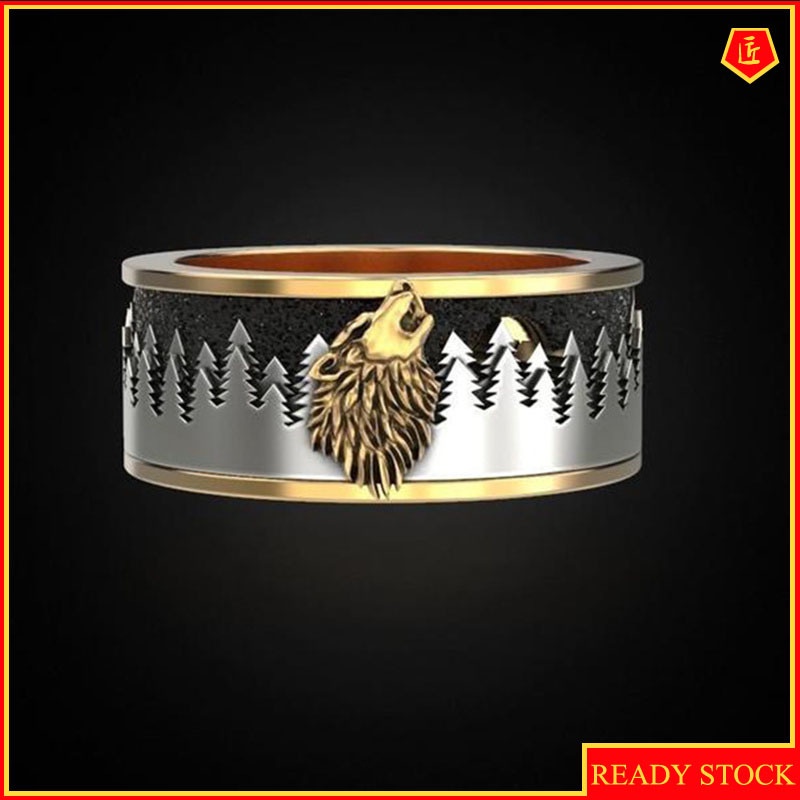 [Ready Stock]Personalized Viking Warrior Gold Two-Tone Night Forest Wolf Ring