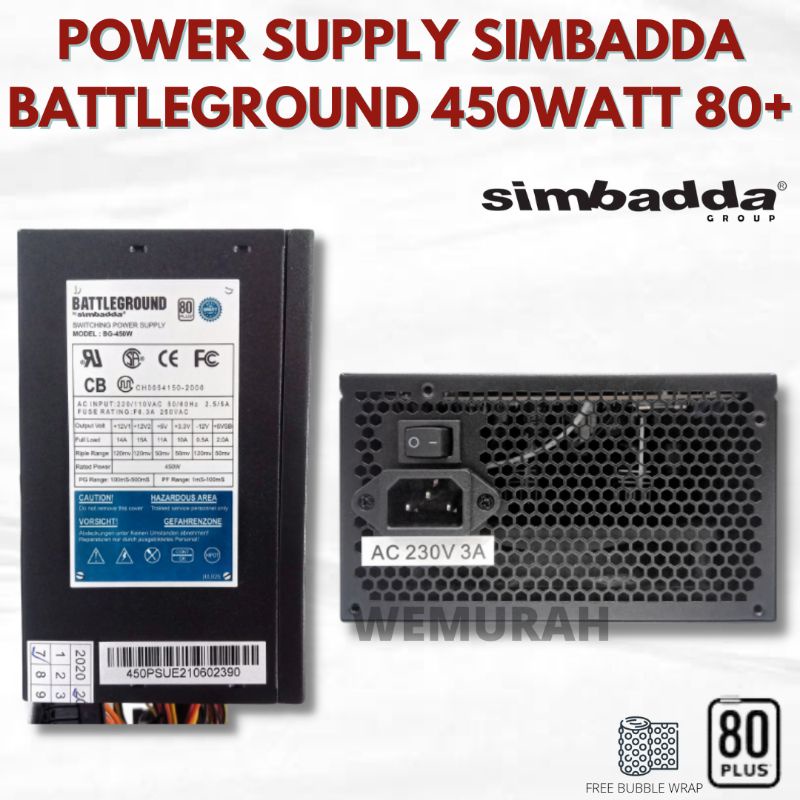 Power Supply Simbadda Battleground 450 watt 20+4Pin 80+ - PSU Gaming