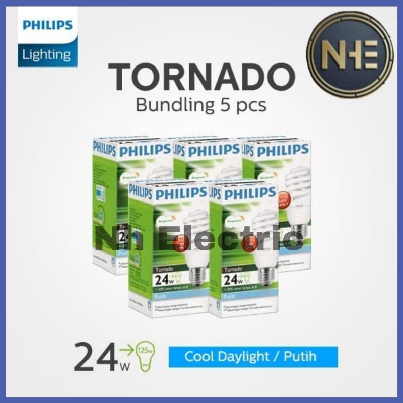 Lampu Philips Tornado 24W Watt Putih CDL E27 - Spiral 24 Watt Philips White 220V SNI Bundling 5 Pcs