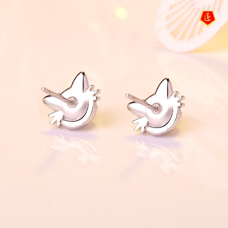 [Ready Stock]Cute Pearl Cat Diamond Stud Earrings Fashion