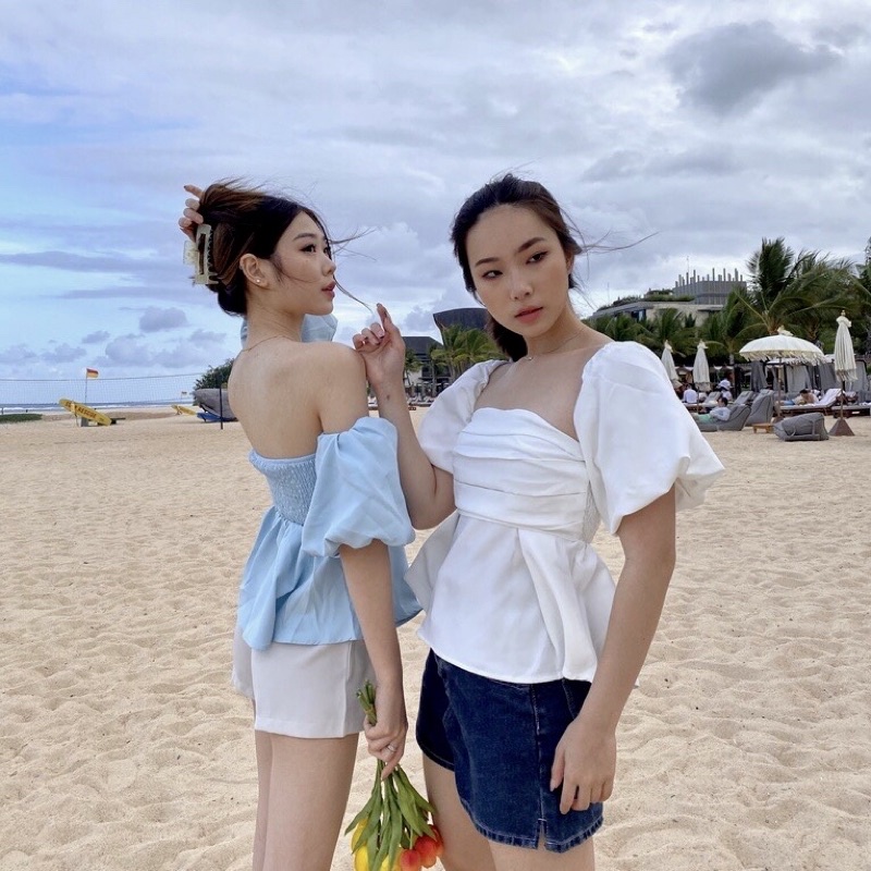 [ SUMMER EXCLUSIVE ] MALIBU PUFFY SABRINA TOP KOREA - BLOUSE WANITA PREMIUM - KEMEJA PESTA - TOP BASIC MEWAH V-NECK - ATASAN UNTUK KONDANGAN - TOP SEXY WARNA PASTEL FOR TRAVELING - HADIAH / KADO ULTAH UNTUK CEWEK