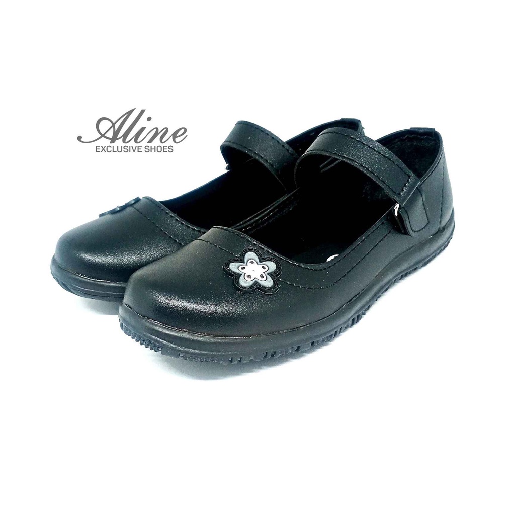 Aline Sepatu Anak Perempuan Size 26-35 Pantofel Sekolah Hitam PAUD TK SD Flats Bunga S01