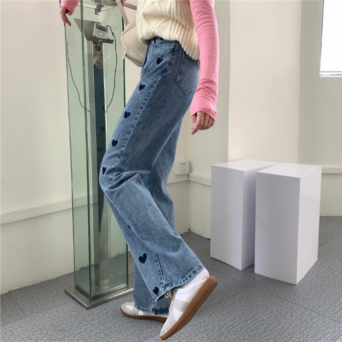 high-waist straight-leg wide-leg jeans celana highwaist wanita /Heart Embroidery Celana Jeans