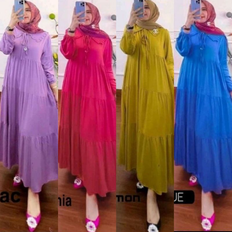 DRESS GAMIS POLOS MIDI SUSUN RAYON PREMIUM IMPORT KERAH TALI REMPEL KEKINIAN