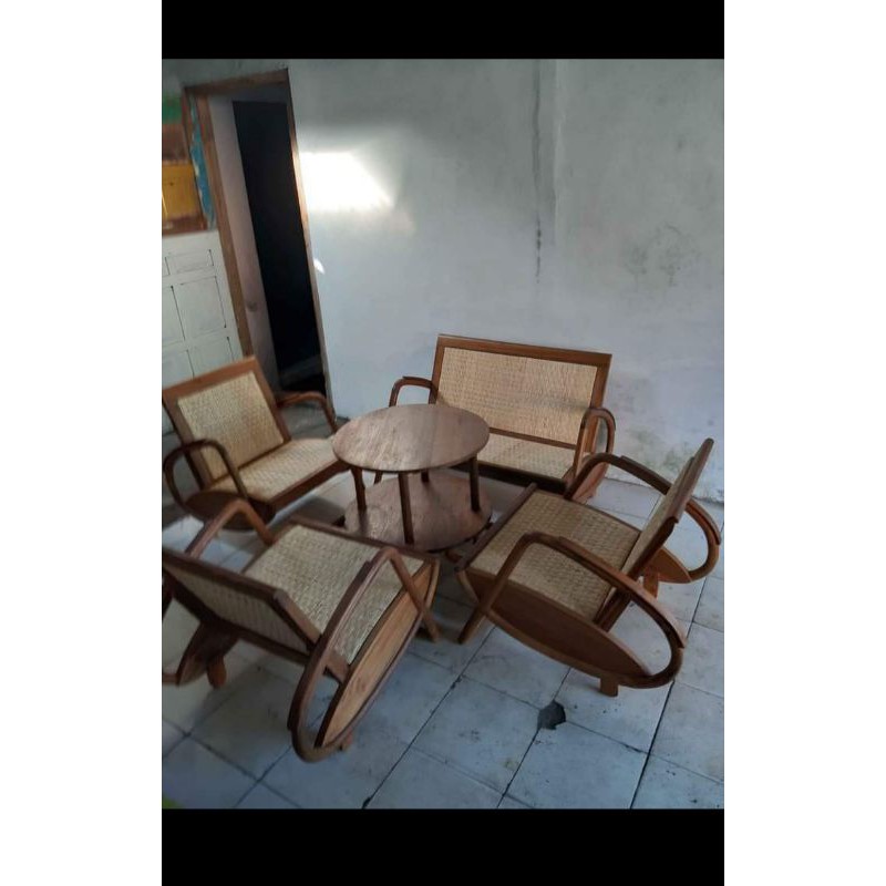KURSI SEDAN PERAHU KLASIK KOMBINASI ROTAN KAYU JATI ABANGAN