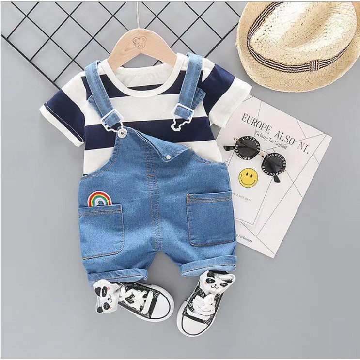 Setelan kaos dan overall bayi anak /baju setelan anak  /pakaian anak motif stripes kualitas premium