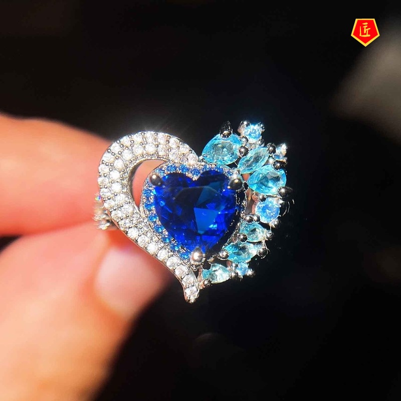 [Ready Stock]High-End Temperament Heart-Shaped Sapphire Open Ring for Women