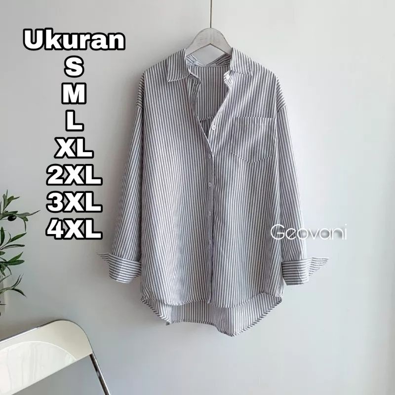 Premium Series GEOVANI Kemeja Salur Wanita Size S M L XL XXL XXXL XXXXL 4XL 2XL 3XL 5XL 2L 3L 4L 5L Kemeja Basic Jumbo Atasan Big Size Oversize Baju Kerja Kantor Korea