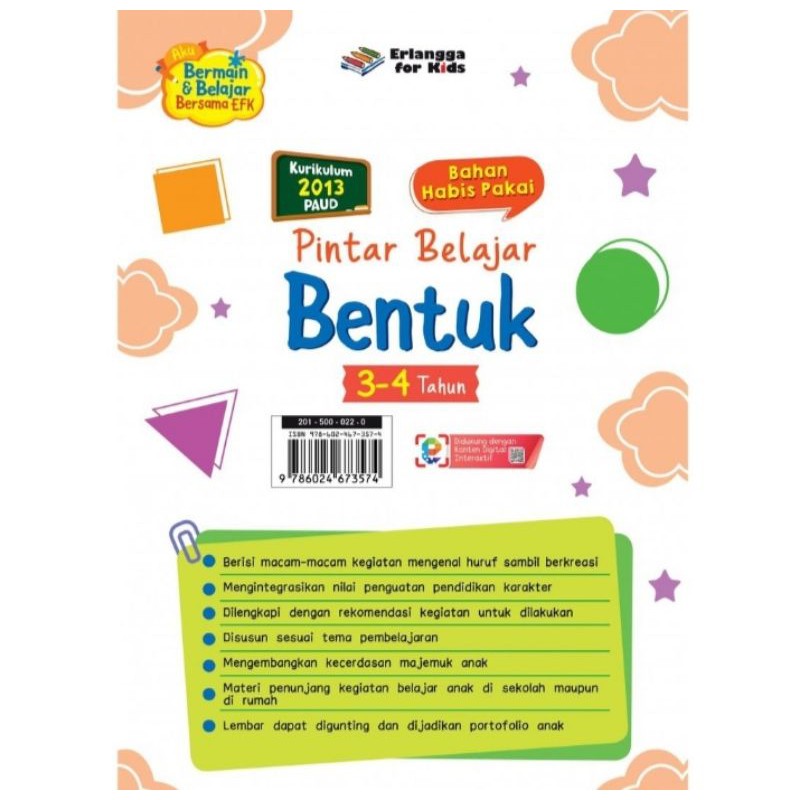 ORI bahan habis pake pintar belajar bentuk untuk usia 3 sampe 4 tahun penerbit Erlangga for kids