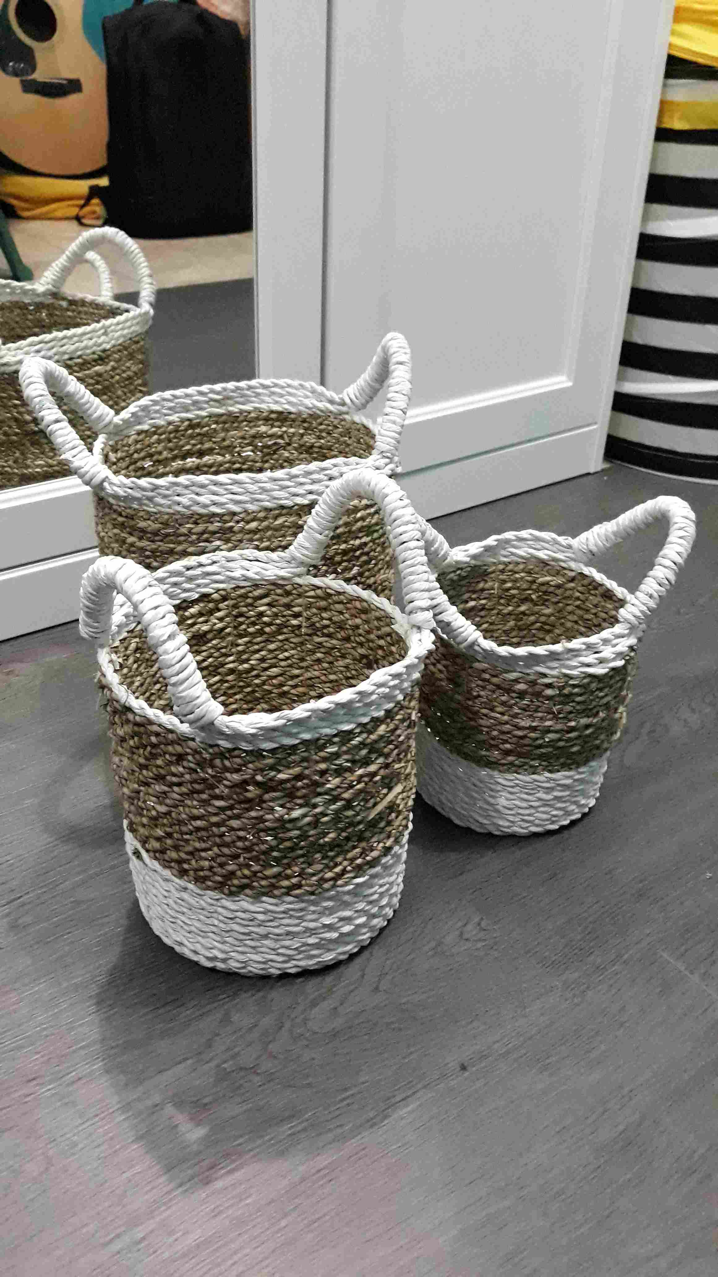 Keranjang Meja Set Isi 3pc White Anyaman Cover Pot Tanaman/scandynavian