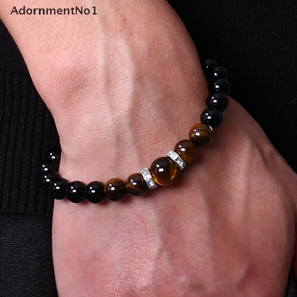 (AdornmentNo1) Gelang Tangan Manik-Manik Batu Obsidian Tiger Eye Hitam Untuk Pria