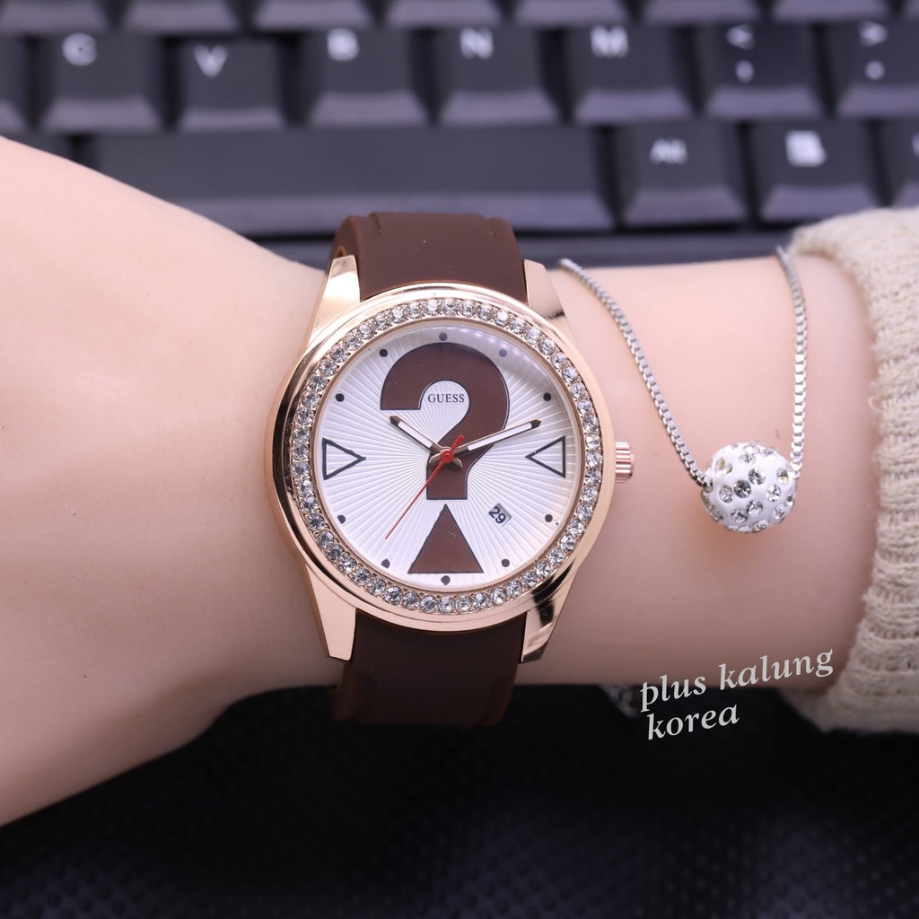 COD! Jam Tangan Fashion Wanita Guess Karet  Tanggal Aktif Ring Full Mata Free Kalung Korea LS12