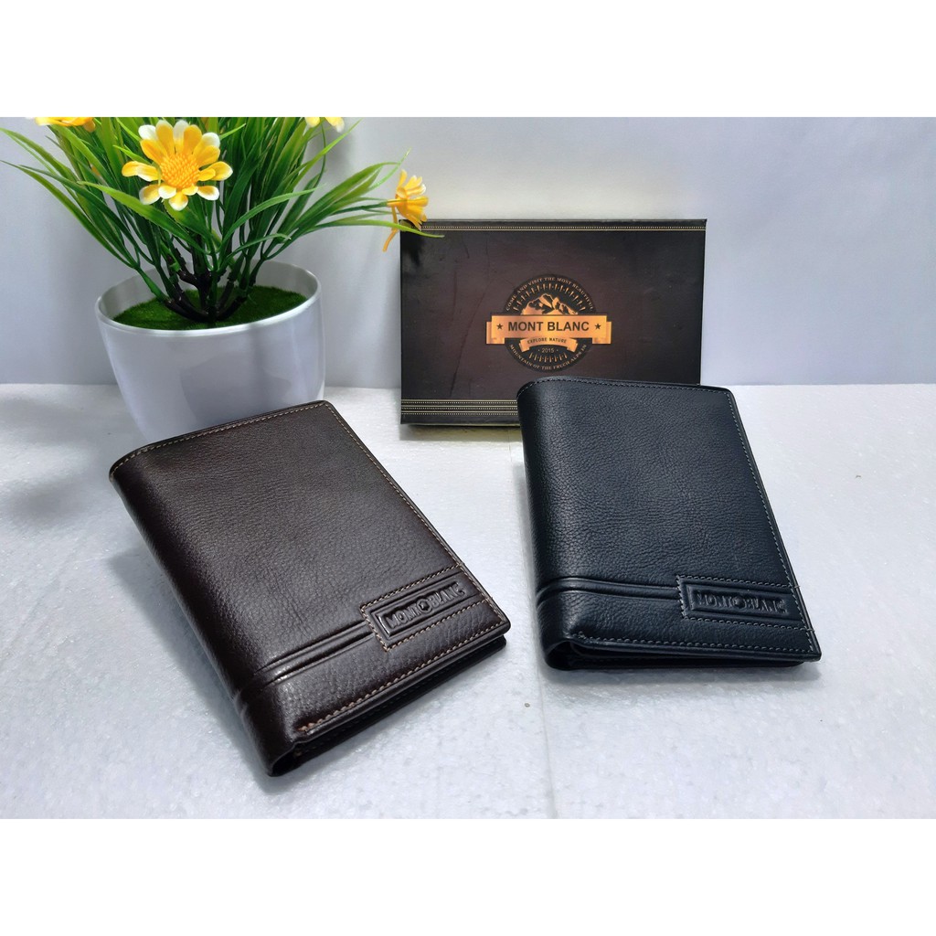 Dompet Kulit Asli Ukuran Tanggung Berdiri Pria Wanita Merk Mont Blanc Motif Natural Layer Ke Samping