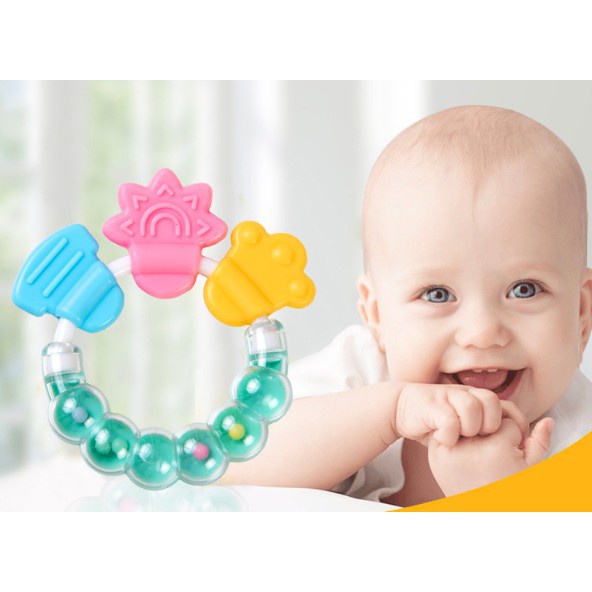 Mainan Rattle Genggam Bayi Gigitan Empeng Buah Plastik dengan Teether Gigitan Kerincing Kerincingan