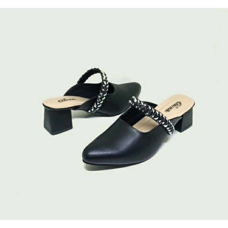 COD / Higheels Alonaid Big Size 41-45 Bustong kulit 5cm Slop JUMBO Wanita Ukuran Besar Hitam, 44