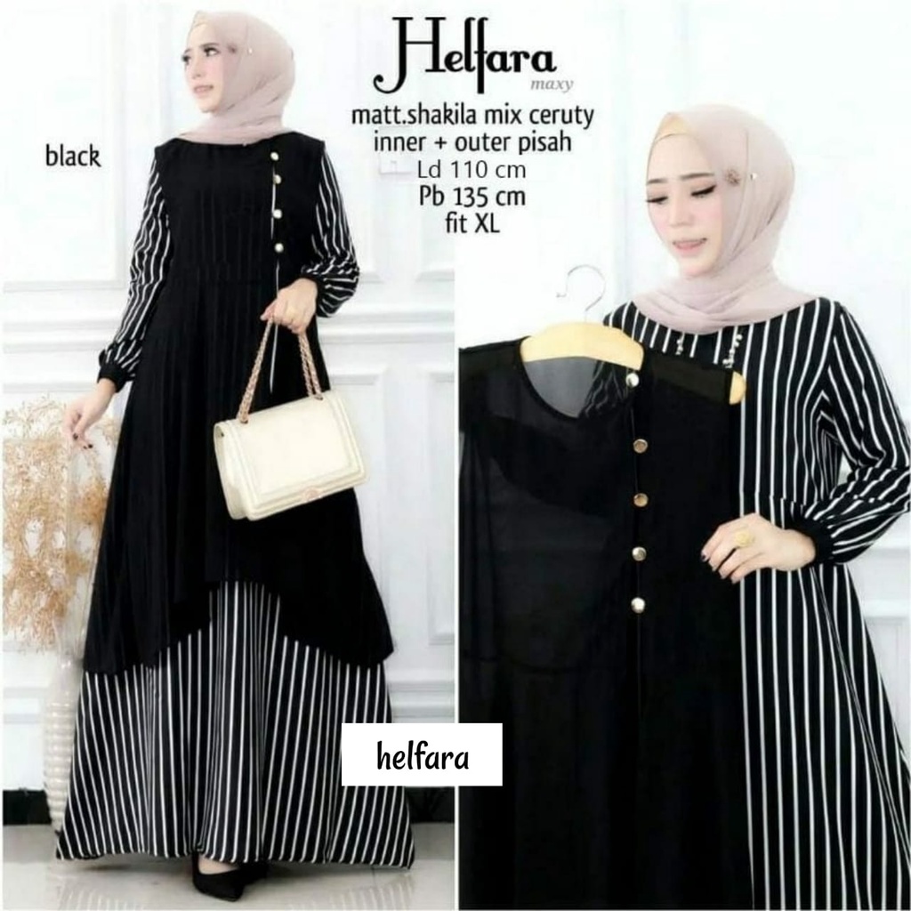 Helfara Set 2in1 Gamis Muslim Shakila Salur + Ceruty Premium Ld 110 Fit S - XL Fashion Baju Gaun Dre