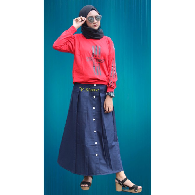Rok Panjang Wanita Bahan Katun Rok Model Kancing Putih Lurus Numia Rok Wanita Muslimah Warna Navy