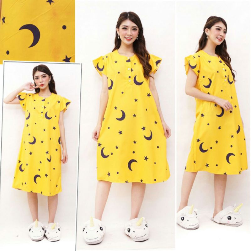 Daster Batik Lengan pendek - Motif Acak / Campur - Leher Kancing /Batik karakter busui-Bulan kuning
