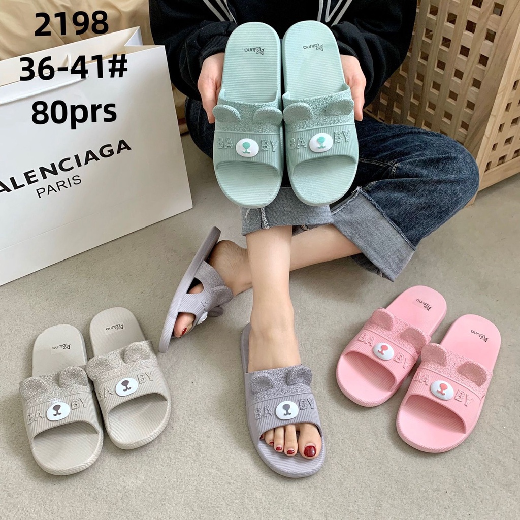 Sandal Selop Wanita LALUNA 2198 IMport Karet Lucu motif Bear embos timbul