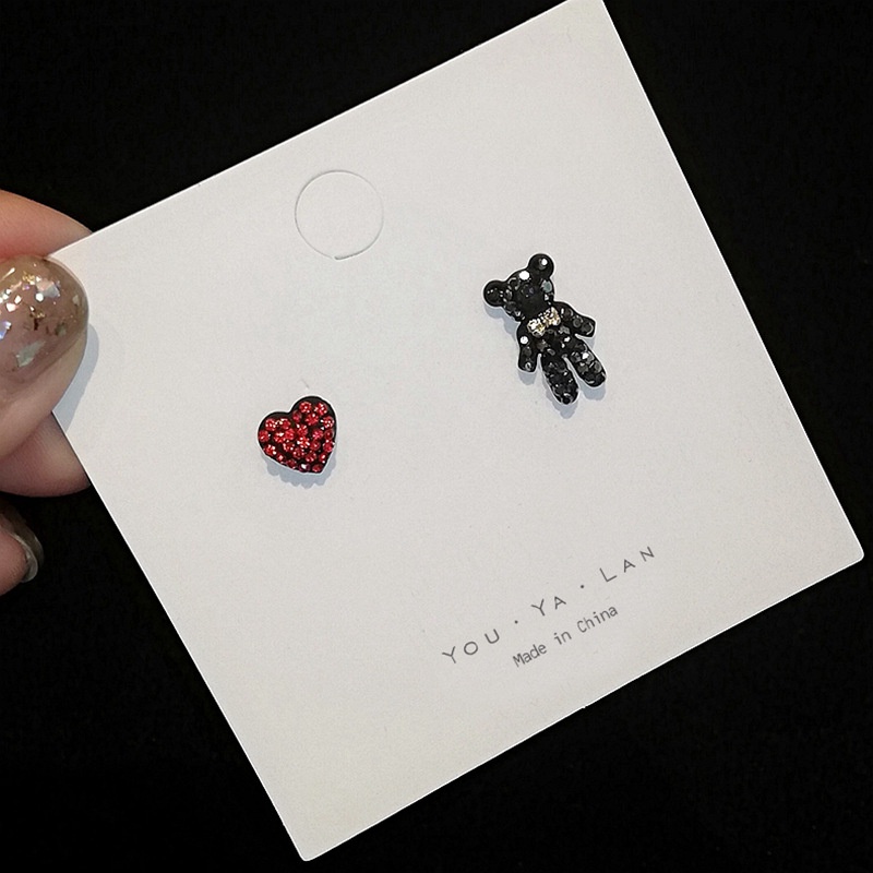 925 jarum perak asimetris bear love heart stud anting-anting wanita temperamen Korea kepribadian kar