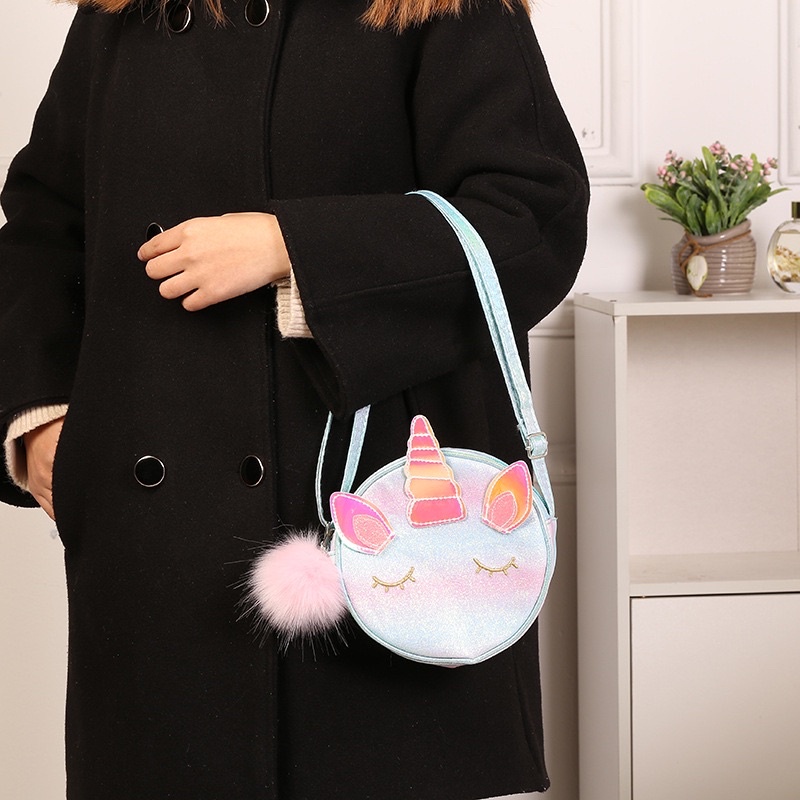 Tas selempang unicorn glitter pom TU059 anak perempuan tk sd sling bag