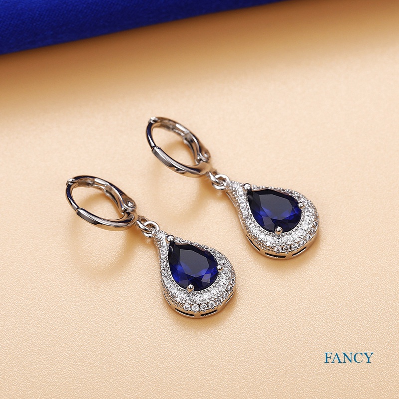 Anting Juntai Cubic Zirconia Bentuk Water Drop Warna Biru Untuk Wanita