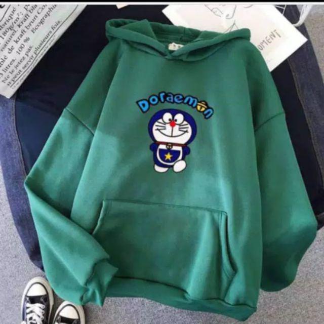 Sweater hoodie wanita DORAEMON/ BAHAN babyterry-Hijau army