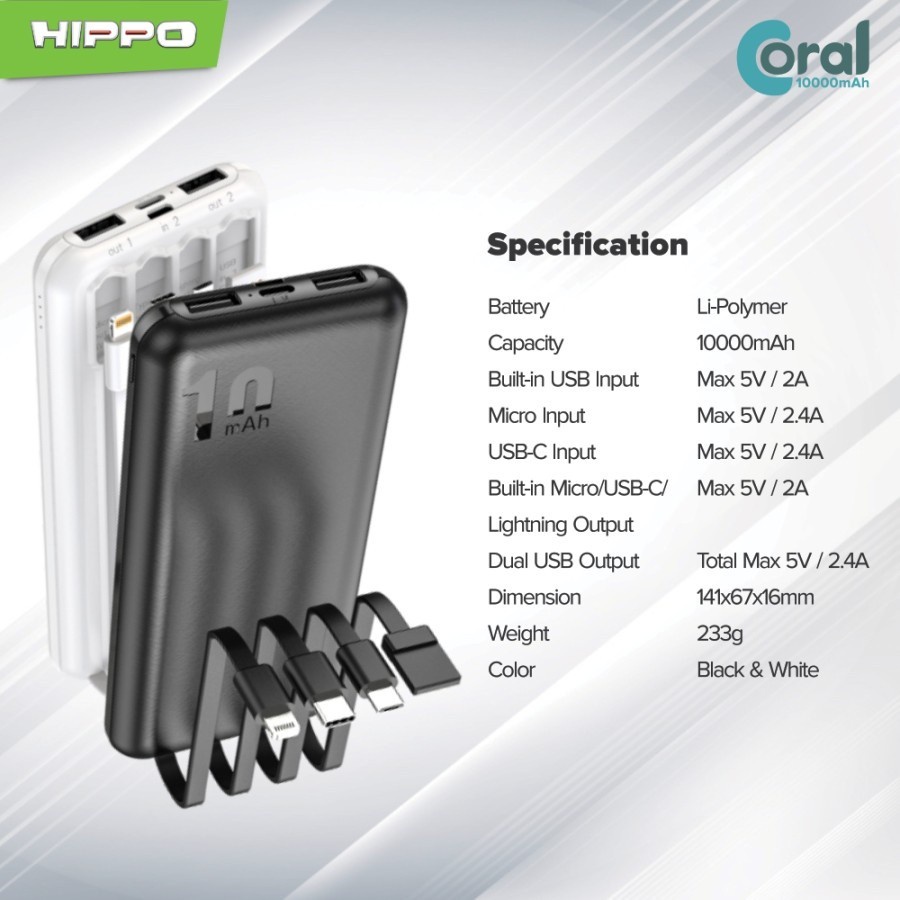 Hippo Power Bank Coral 10000 mAh 5 Port Output 2.4A Include Kabel Type C Micro USB Lightning Powrbank 10000mAh Original Ori