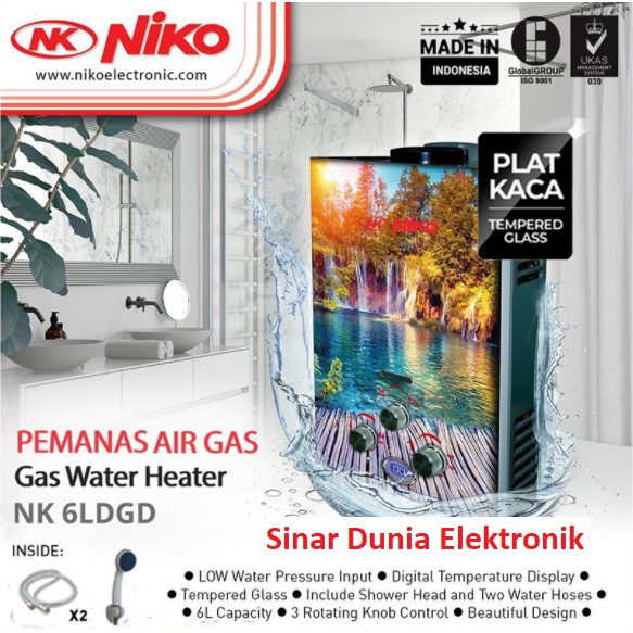 NIKO Gas Water Heater 6 Liter Tempered Glass NK 6LDGD Pemanas Air 6LDG