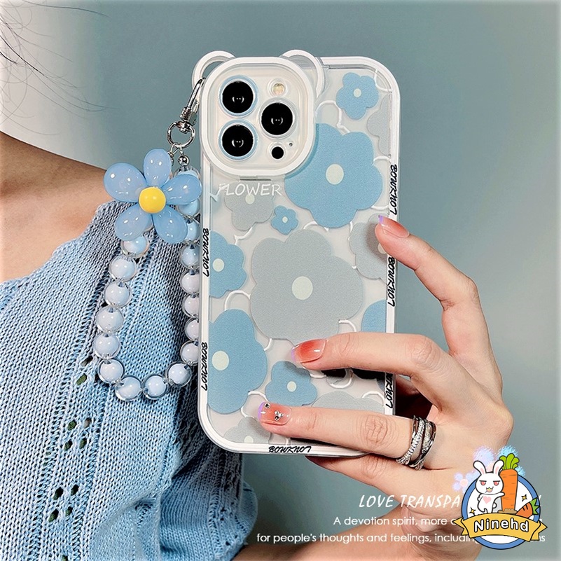 Soft Case Silikon Motif Bunga / Beruang Untuk Compatible for iPhone 14 13 12 11 Pro Max X Xr Xs Max SE 2020 8 7 6 6s Plus handphone Case murah Blue-gray Flower Phone Case Bear Ears All-inclusive Lens Clear Silicone Shockproof Phone Back Casing Cover