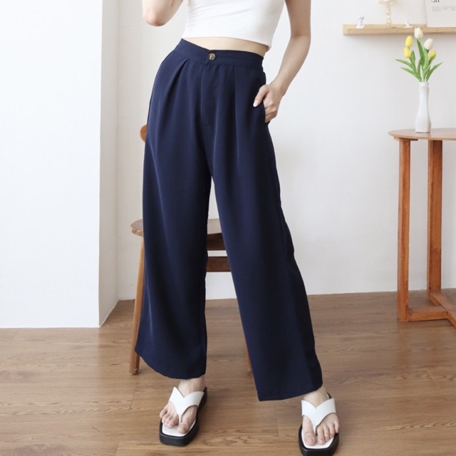 LOOSE PANTS TROUSERS (NAVY) CELANA ANTI KUSUT WANITA CELANA KULOT WANITA CELANA KANTOR FORMAL