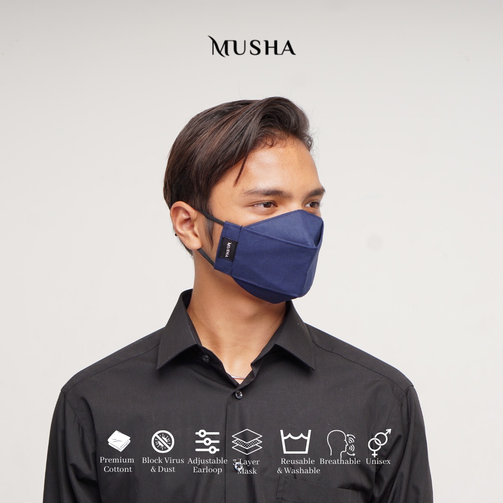 MUSHA 3D Mask - Navy | Masker Kain 3 Ply Earloop