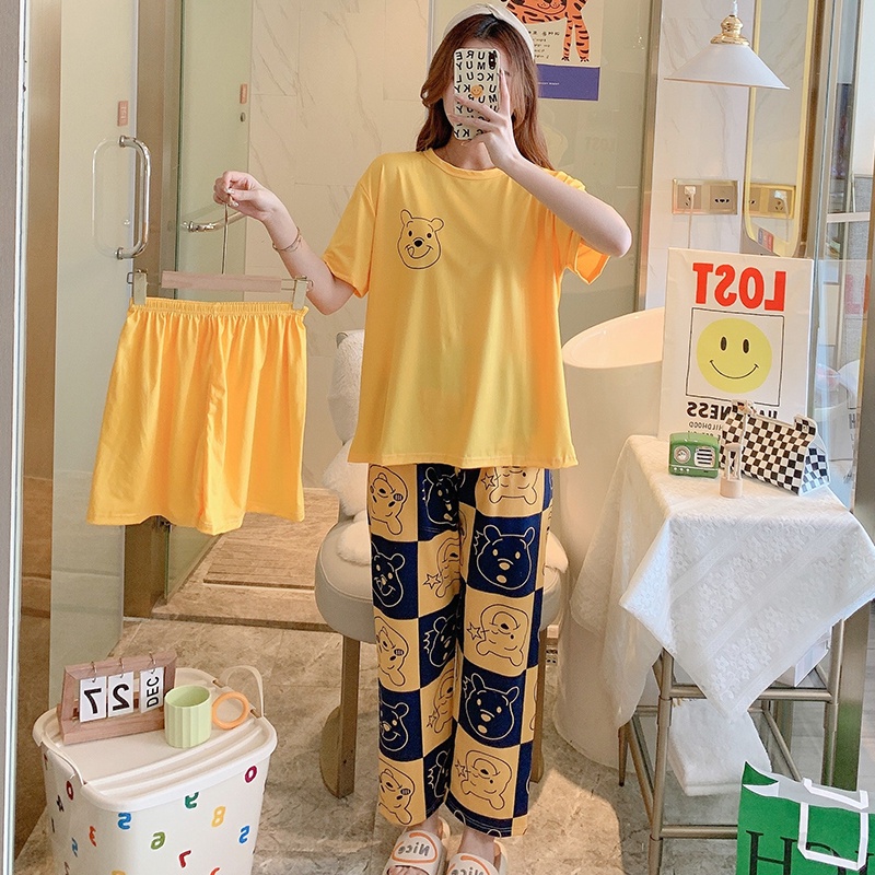 AJW Shop Piyama 3in1 | Piyama Import Dewasa | Setelan Wanita Kekinian | Baju Tidur Wanita Dewasa-Poo Yellow