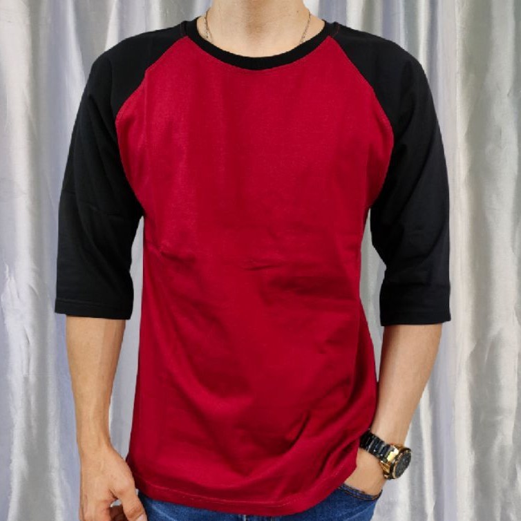 kaos reglan polos lengan 3/4 MARON-HITAM uk 20 22 S M L XL XXL