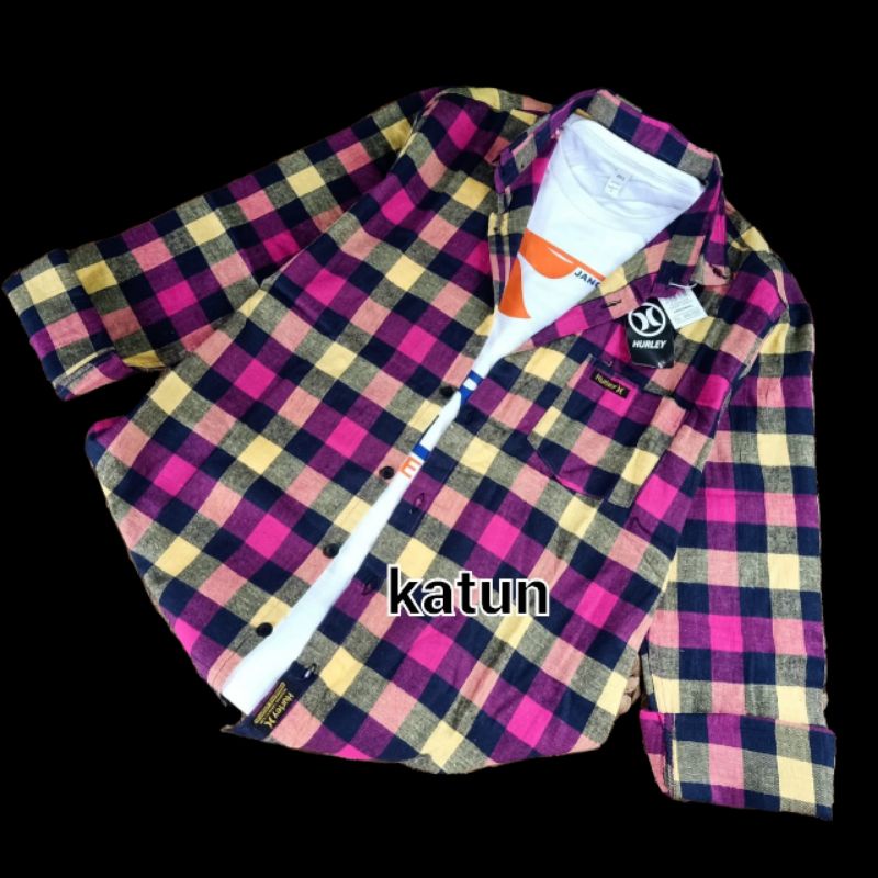 kemeja wanita kemeja flanel wanita flanel wanita kemeja kotak-kotak wanita flanel-Pink kuning