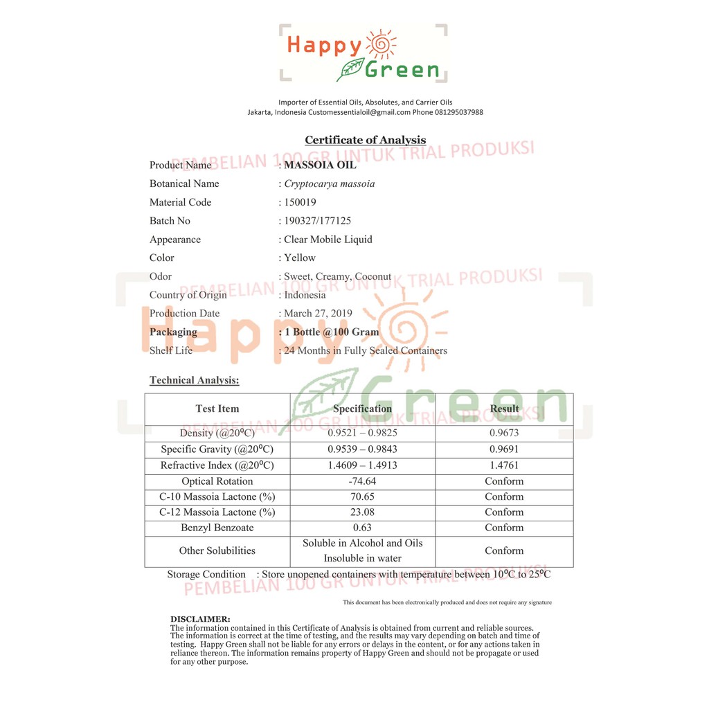 Happy Green Massoia Bark Essential Oil - Minyak Atsiri Kulit Masoi Papua Masoyi mesoyi