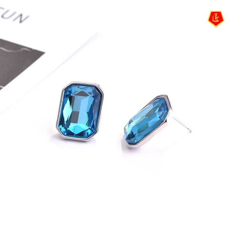 [Ready Stock]New Inlaid Topaz Sea Blue Gem Stud Earrings Necklace Set