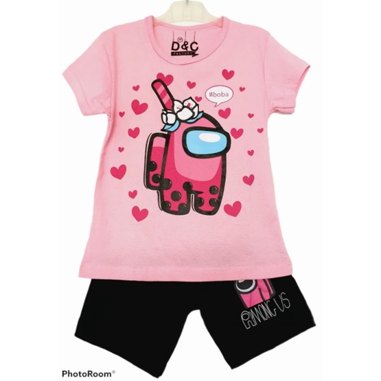 Setelan kaos karakter anak CEWEK AMONG US PINK