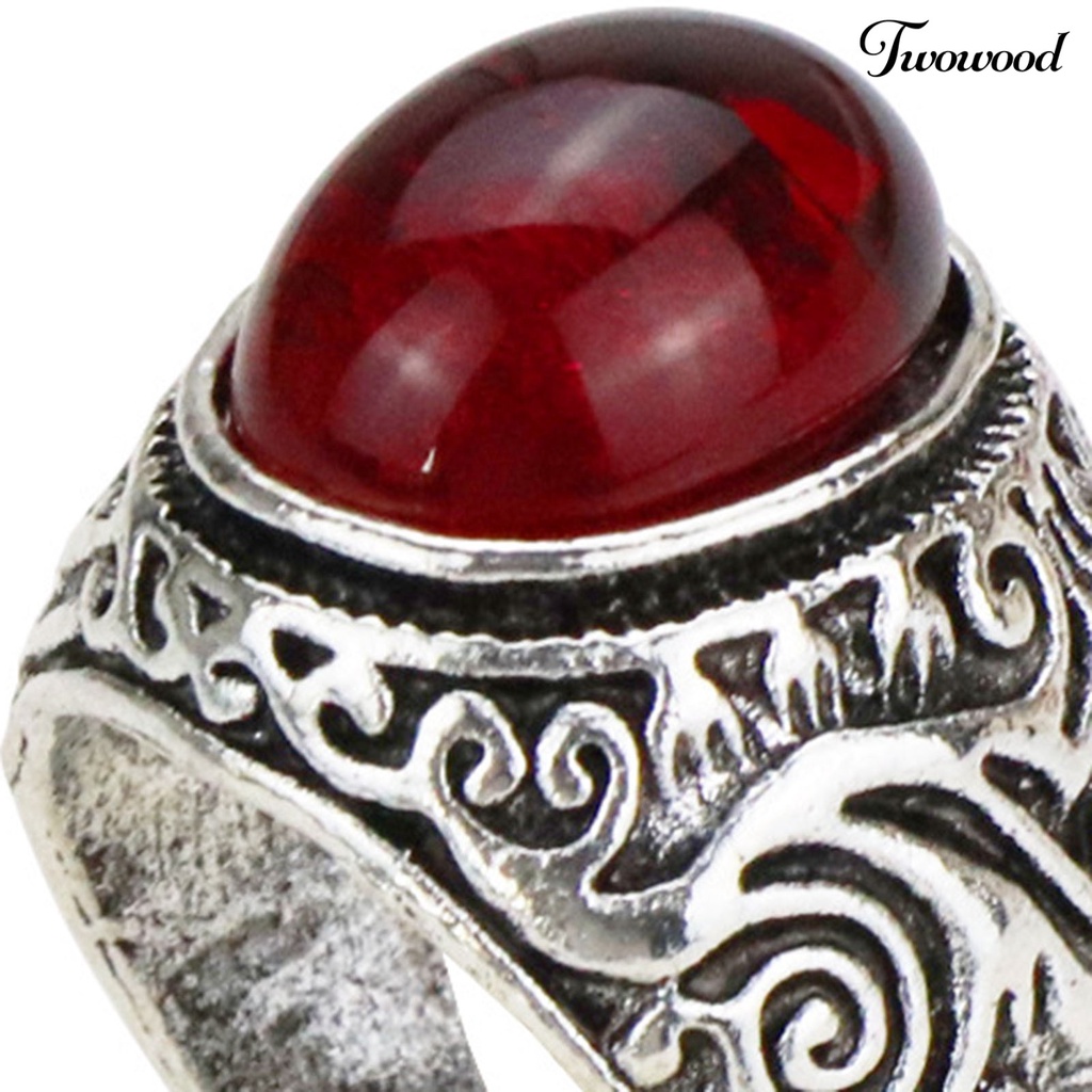 Twowood Carved Rock Style Men Ring Alloy Red Faux Gem Finger Ring Jewelry Accessaries