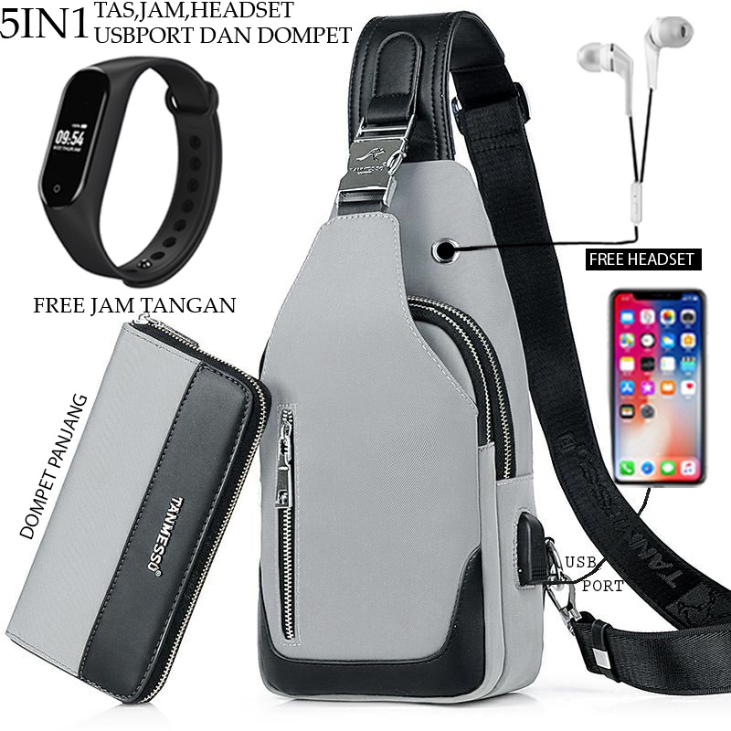 TANMESSO 5in1 BAYAR DITEMPAT- JAM LED -HEADSET- DOMPET -USBPORT -TAS WATERPROOF-BAHAN INTERPILAR SENDIRI LEMBUT DAN TEBAL MENGANDUNG 70%COTTON BUKAN PARASUT ATAU KANVAS SEPERTI YANG BEREDAR DIPASARAN-TAS SELEMPANG PRIA-SLING BAG PRIA