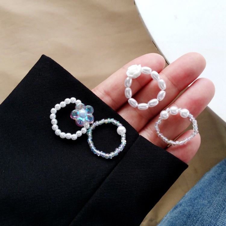 2PCS/Set Lovely Pearl Ring Beaded Elastic White Flower Index Finger Ring