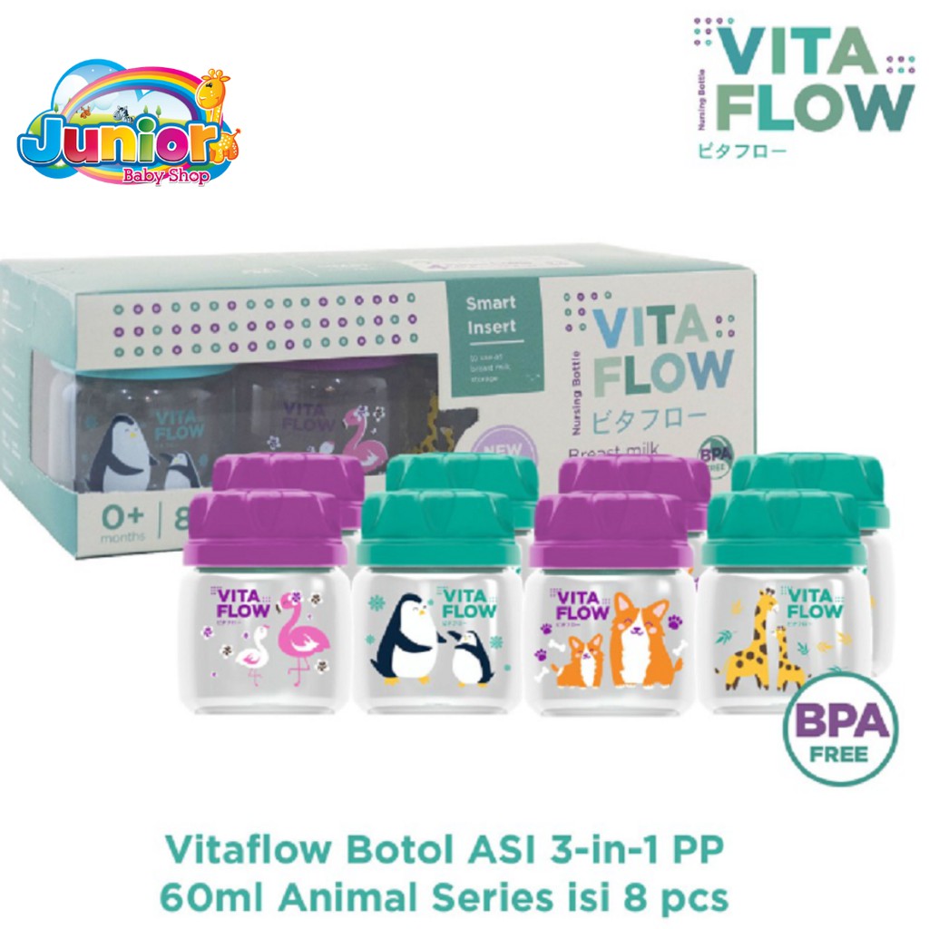 VITAFLOW Breast Milk Storage Bottle 3 in 1 PP 60ml 1 Paket 8 pcs - Animal Series - Botol Penyimpan Asi